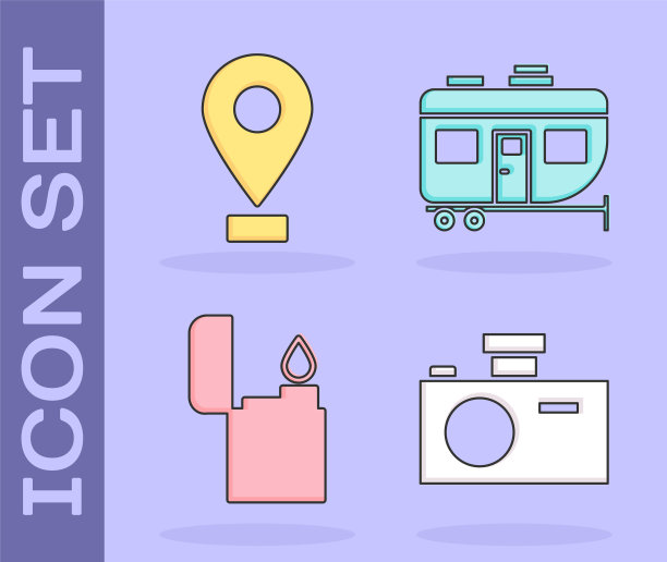 设置照片相机，位置，打火机和房车露营拖车图标。向量图片下载