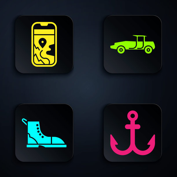 设置锚，城市地图导航，徒步旅行靴和汽车。黑色方形按钮。向量图片下载