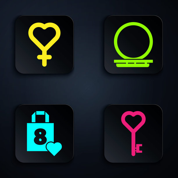 设钥匙在心脏形状，女性性别象征，购物袋与心脏和化妆粉与镜子。黑色方形按钮。向量图片下载