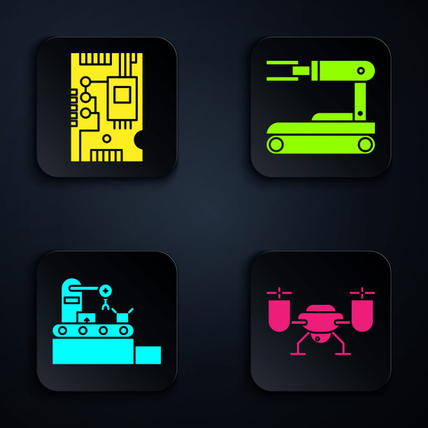 设置无人机飞行与行动摄像头，电子电脑组件主板数字芯片，工厂输送系统带和机器人。黑色方形按钮。向量图片下载
