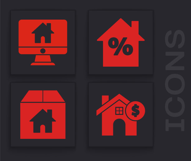 Set House with dollar symbol, Computer monitor with smart home, House with percent discount tag and Cardboard box with House icon。向量图片下载