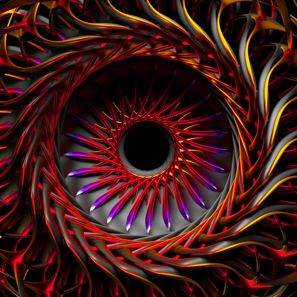 抽象艺术的3d渲染，部分超现实的外星曼荼罗符号或涡轮喷气发动机螺旋曲线分形结构，中心是金属黑洞，橙色、红色和紫色图片下载