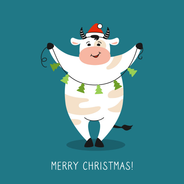 牛与花环树圣诞贺卡向量图片下载
