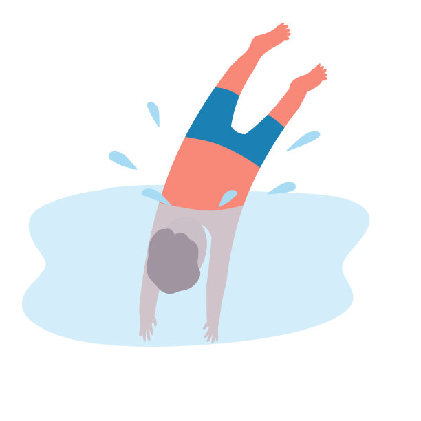 男子跳水。穿着泳裤的裸男。平面卡通插图。蓝色的水和浪花。游泳及娱乐图片下载