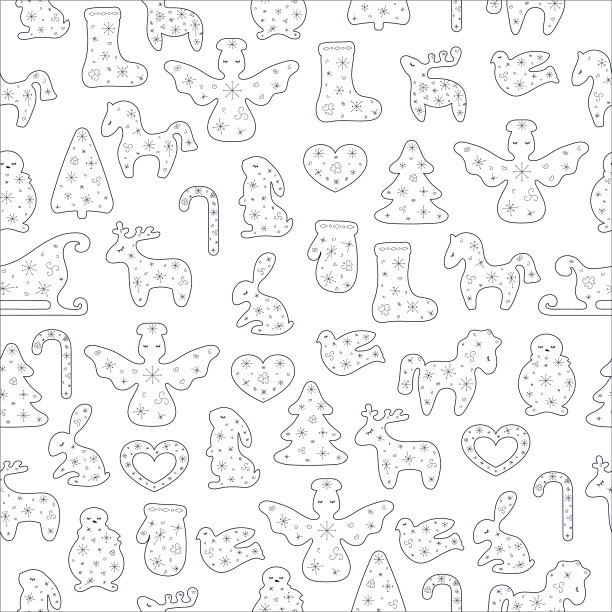 圣诞无缝透明黑色图案在白色背景。矢量插图与程式化的鹿，马，树，兔子，天使，雪人，袜子，手套，心，糖果，雪橇，鸟，星，花环，钟，房子。图片下载