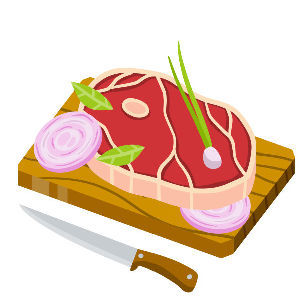 切菜板上的一块生肉。烹饪食物。厨房和餐厅元素。新鲜的猪肉和刀。平的卡通插图。排骨和成分图片下载
