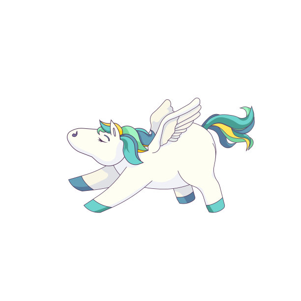 可爱的飞马与蓝色的鬃毛和尾巴是伸展在白色孤立的背景，矢量股票插图在卡通风格，希腊神话和童话的概念，童话和魔法。图片下载