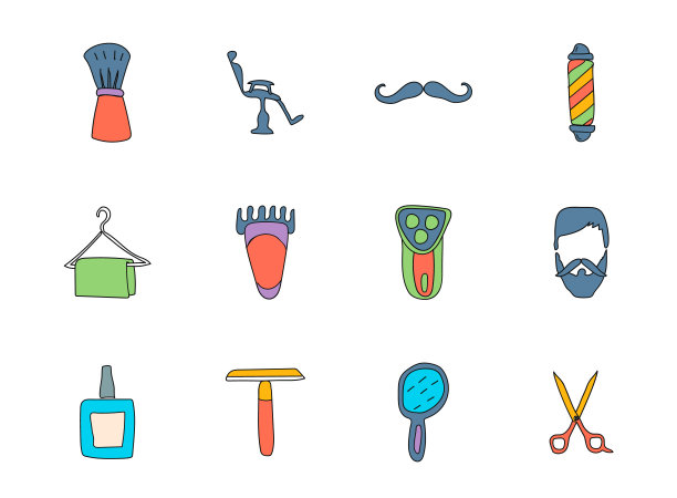 理发店手绘线性矢量图标孤立的白色背景。理发店涂鸦图标设置为web和UI设计，移动应用程序和打印产品图片下载