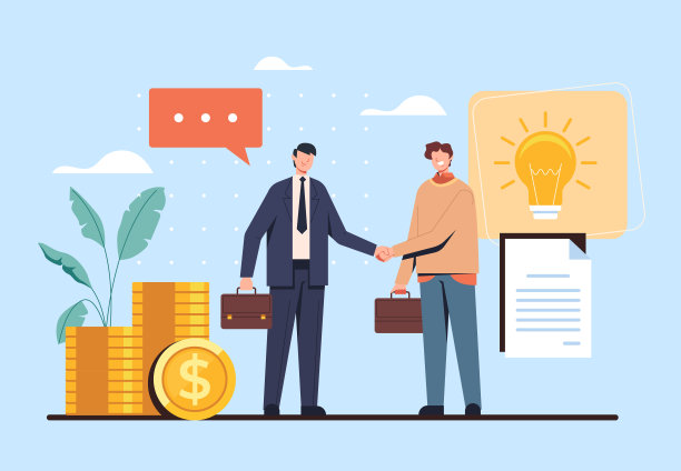 两个商人人物握手。货币观念契约观念。矢量平面卡通图形设计插图图片下载