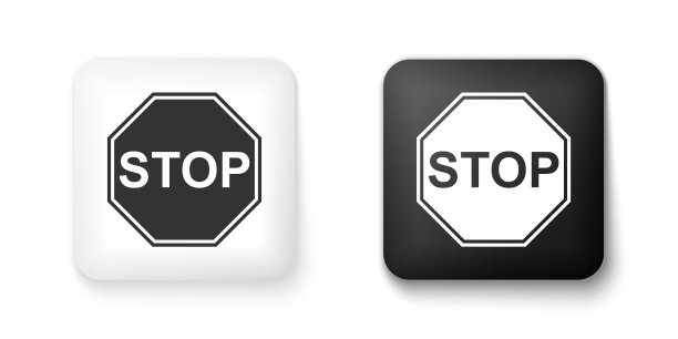 黑白停止标志图标孤立在白色背景。交通管制警告停车标志。方形按钮。向量图片下载