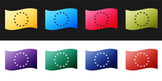 设置旗帜欧盟图标孤立在黑色和白色的背景。欧盟圆象征。挥舞着欧盟旗帜。向量图片下载