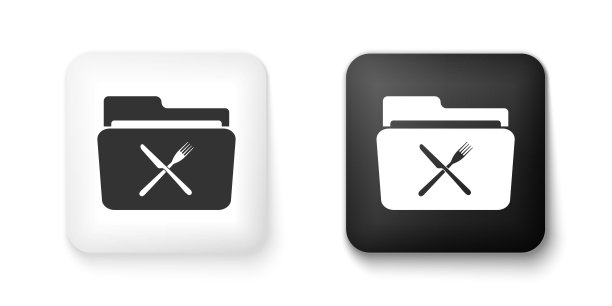 黑白交叉叉和刀在文件夹图标隔离在白色背景。餐厅的象征。方形按钮。向量图片下载