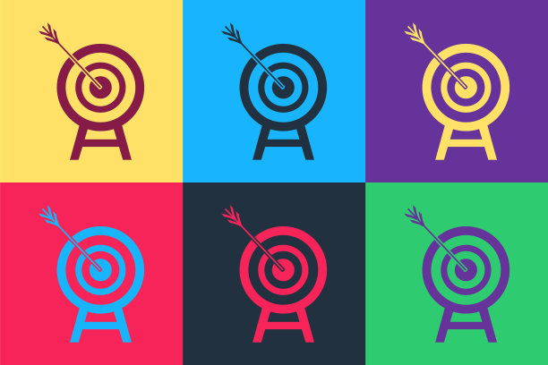 波普艺术目标与箭头图标孤立的颜色背景。飞镖靶信号。射箭板图标。圆靶信号。业务目标的概念。向量图片下载