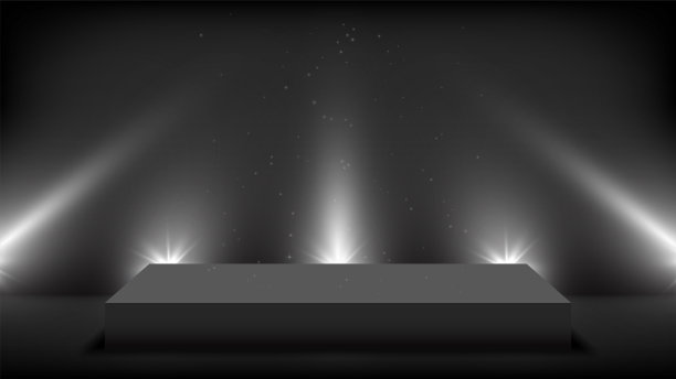 黑色的广场。空白的地板舞台孤立在以白色聚光灯装饰的黑色背景上。领奖台为产品、广告、展览、竞赛、获奖、优胜者。矢量插图。图片下载