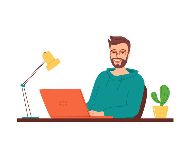 一个戴着眼镜，面带微笑的男人坐在一张桌子旁，旁边放着一台笔记本电脑。工作理念、培训、再培训、网上课程、网上学习。一个在办公室工作的雇员。矢量图图片下载