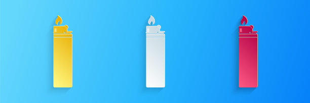 剪纸打火机图标孤立在蓝色背景。纸艺术风格。向量图片下载