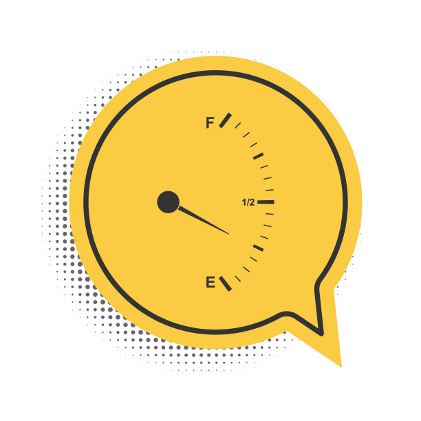 黑色汽油表图标隔离在白色背景上。空油量表。加满。黄色语音气泡符号。向量图片下载