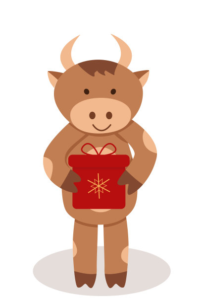 可爱的卡通虾虎鱼携带一个礼品盒。象征公牛的年度矢量插图。图片下载