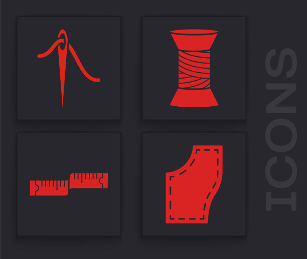 设置缝纫模式，针缝线，缝纫线在线轴和卷尺图标。向量图片下载