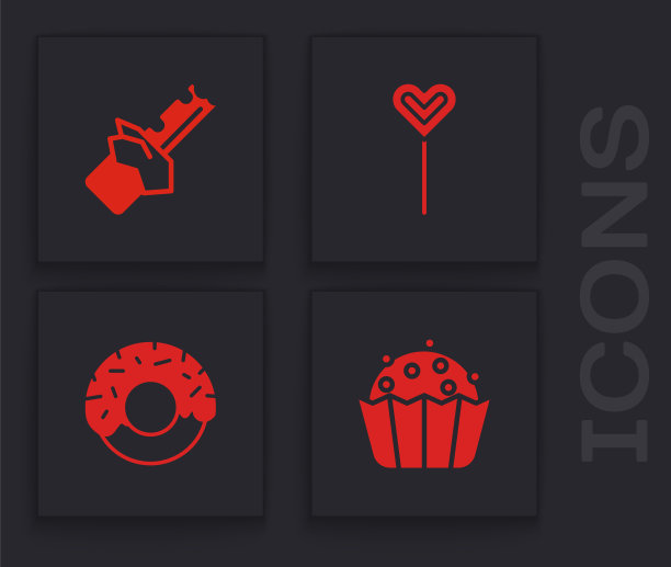 设置纸杯蛋糕，咬巧克力棒，棒棒糖和甜甜圈图标。向量图片下载