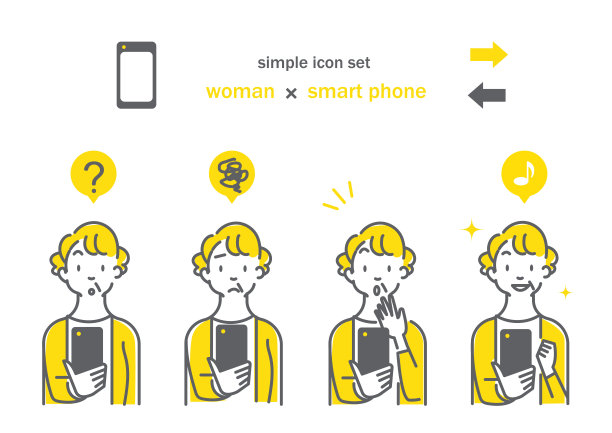 有智能手机的女人，简单的图标，黄色和灰色图片下载
