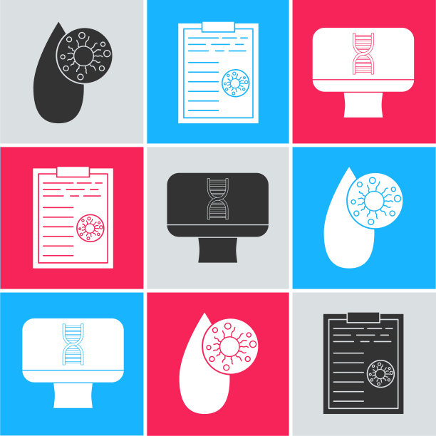 设置血液测试和病毒，剪贴板血液测试结果和DNA螺旋和计算机图标。向量图片下载