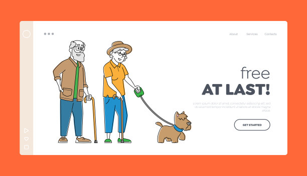 老年夫妇与狗着陆页面模板。高级人物与宠物散步，花时间在户外放松图片下载
