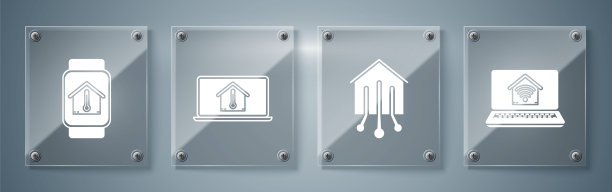 设置带wi-fi的笔记本电脑、带室内温度的笔记本电脑和带室内温度的智能手表。方形玻璃面板。向量图片下载