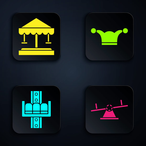 设置跷跷板，吸引旋转木马，吸引旋转木马和小丑帽子与铃铛。黑色方形按钮。向量图片下载