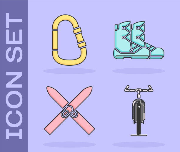设置自行车，钩环，滑雪和棍棒和靴子图标。向量图片下载