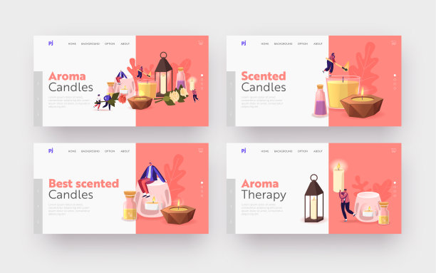 人们使用芳香蜡烛在主页登陆页面模板设置。玻璃蜡烛和烛台上的小角色图片下载