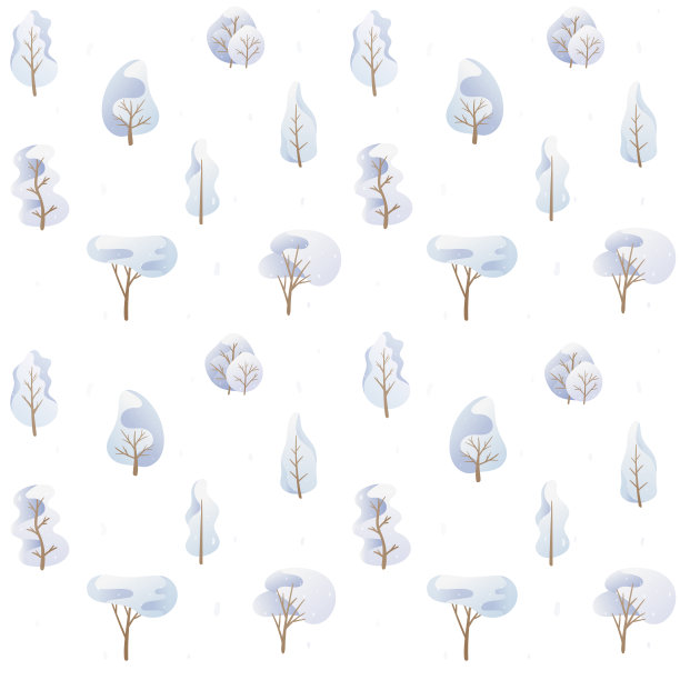 矢量插图。无缝模式的涂鸦图像。卡通树的蓝色调色板，覆盖着不同形状的冬季皇冠。背景装饰图片下载