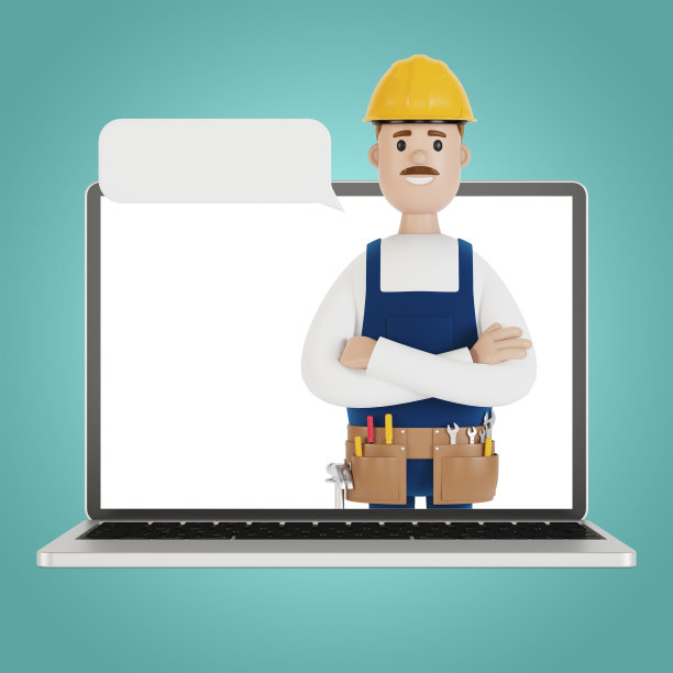 笔记本电脑屏幕与向导。一个小时的丈夫。电工、水管工、木匠叫工头来工作。3D插图卡通风格。图片下载
