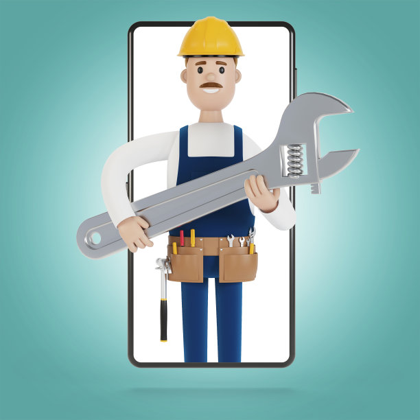 水管工在智能手机屏幕上用大扳手。一个小时的丈夫。电工，水管工，木匠，叫工头来干活。3D插图卡通风格。图片下载