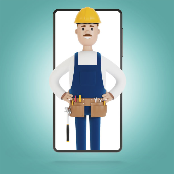 智能手机屏幕与向导。一个小时的丈夫。电工，水管工，木匠，叫工头来干活。3D插图卡通风格。图片下载