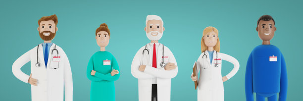 医生。一群医务工作者。主任医师和医学专家。3D插图卡通风格。图片下载