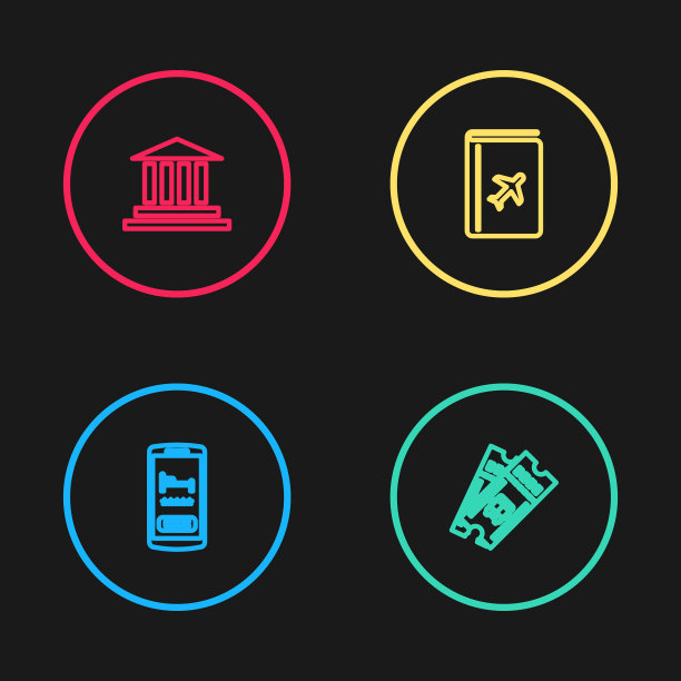 设置在线酒店预订，公交车票，封面旅游指南和博物馆建筑图标。向量图片下载