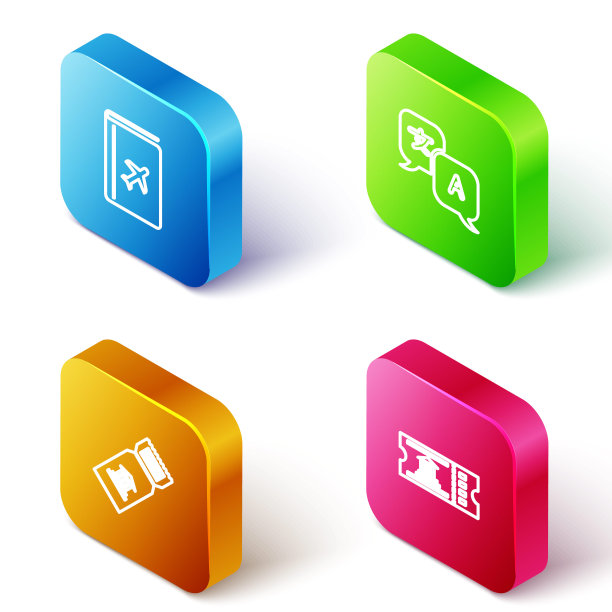 设置等距线封面书旅游指南，翻译，博物馆门票和图标。向量图片下载