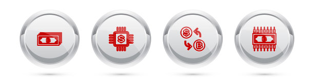 设置加密货币比特币，处理器芯片与美元，交易所和电路。银圈按钮。向量图片下载