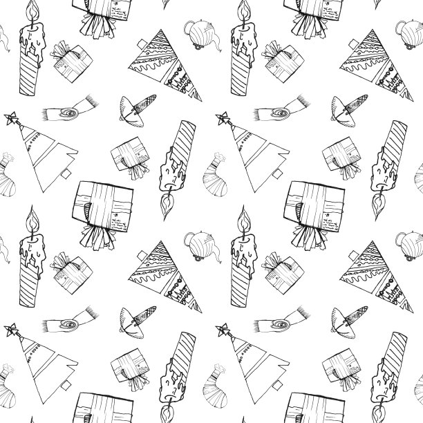 黑色和白色草图的模式为新年和圣诞节。孩子们的画。用于印刷包装，明信片，网站。图片下载