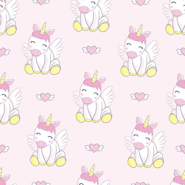 卡通独角兽、魔棒、彩虹的可爱无缝图案。包装纸设计，儿童插画图片下载