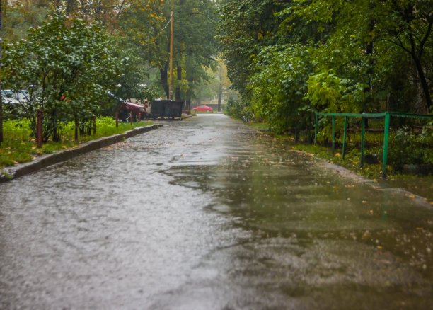 城市里的雨。道路，人行道，雨中的汽车，近景。水溅在路上。Eqrly秋天图片下载