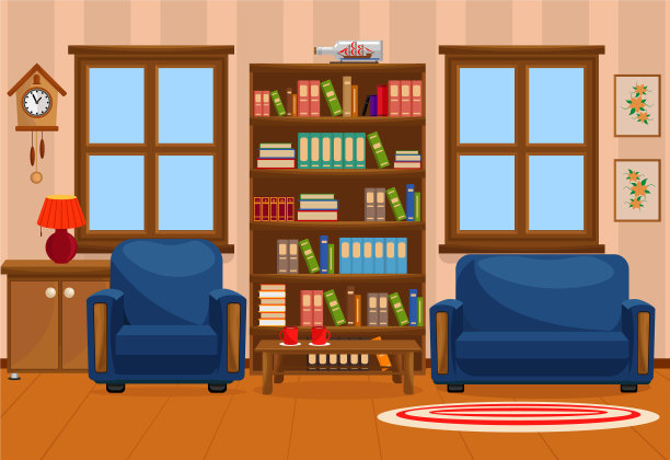 一间有扶手椅、书架的客厅图片下载