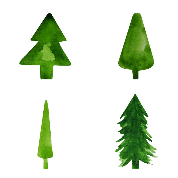 水彩圣诞插图的绿色圣诞树在白色的背景。一套水彩云杉在极简主义风格。圣诞节的背景。隔离。水彩纹理。图片下载