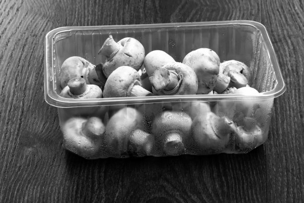 巴黎蘑菇-双孢蘑菇-在一个塑料包装上的黑色背景，黑白照片图片下载