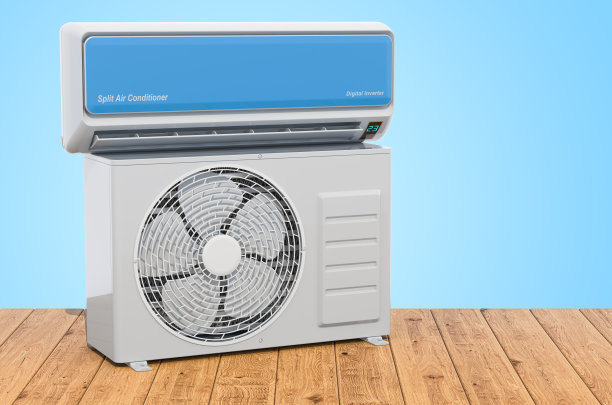 空调、室内墙面和室外压缩机机组的木板，3D渲染图片下载