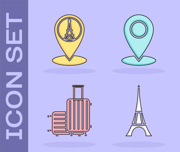 设置埃菲尔铁塔，地图指针与埃菲尔铁塔，手提箱旅行和地图大头针图标。向量图片下载