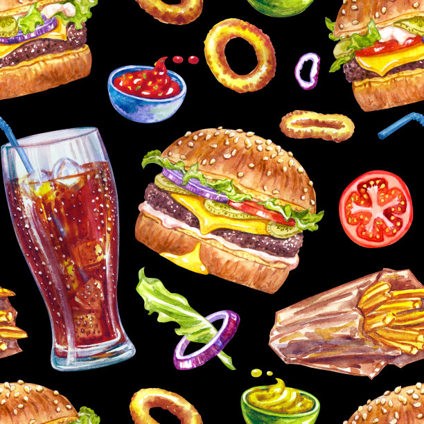 图案与汉堡，薯条，热狗和可乐在一个黑色的背景。图片下载