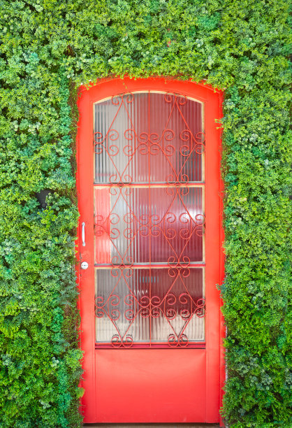 红色铁门，侧壁长满植物图片下载