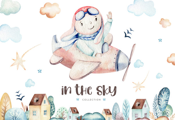 水彩画宝宝卡通可爱的飞行员航空背景插图花哨的天空运输完成与飞机，气球，云彩。幼稚的男孩模式。这是婴儿派对的插图图片下载